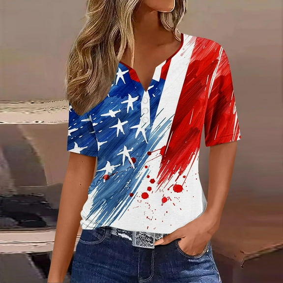 Sakmal Short Sleeve 3x Womens Tops Blue Independence Day Graphic V-Neck T-Shirts Womens Tshirts