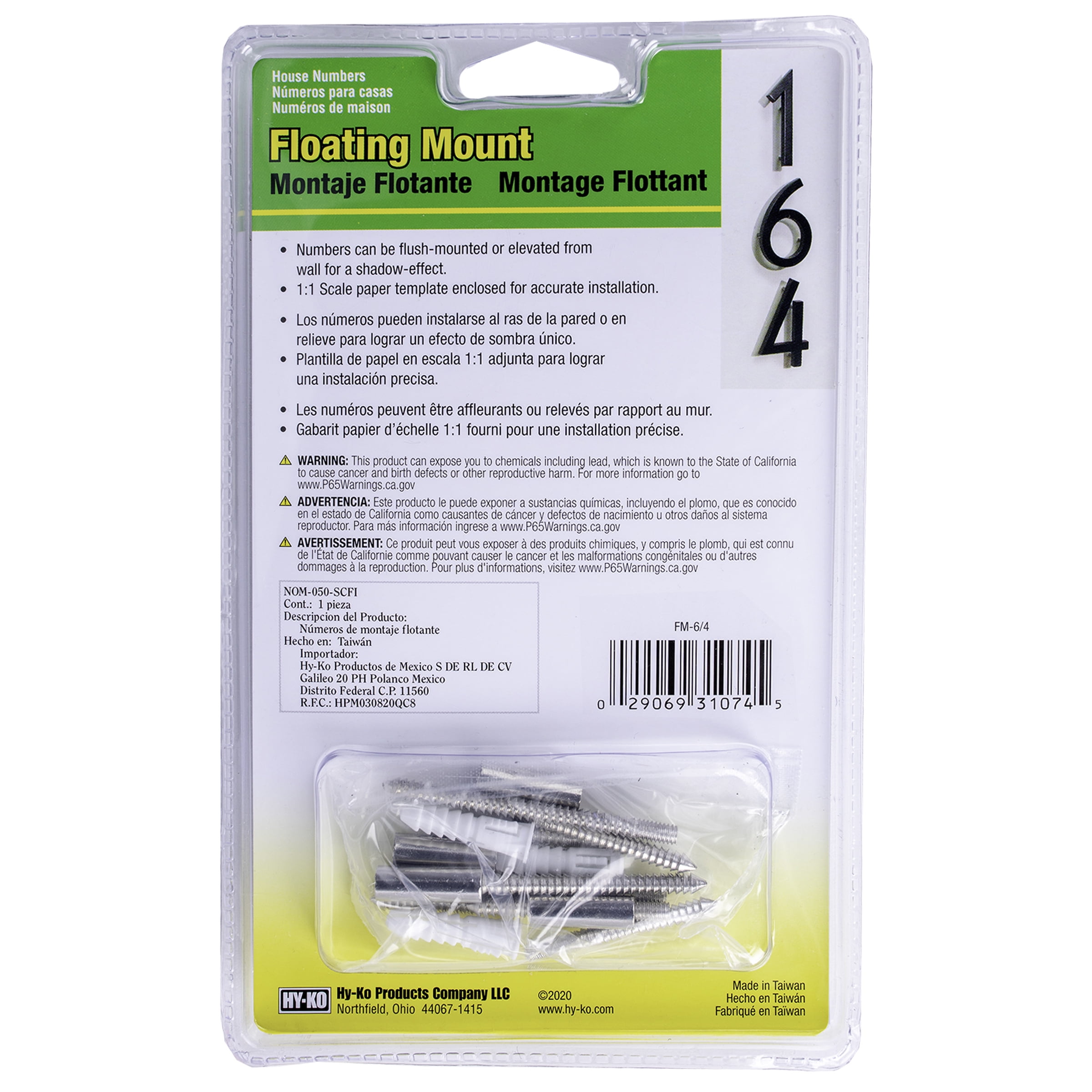 (3 pack) HY-KO 6" Black Floating Mount House Number 4