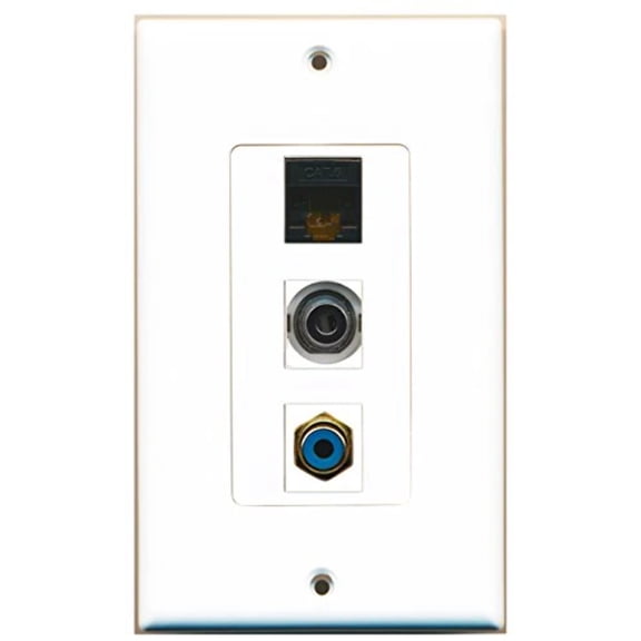 RiteAV - 1 Port RCA Blue and 1 Port 3.5mm and 1 Port Cat6 Ethernet Black Decorative Wall Plate Decorative