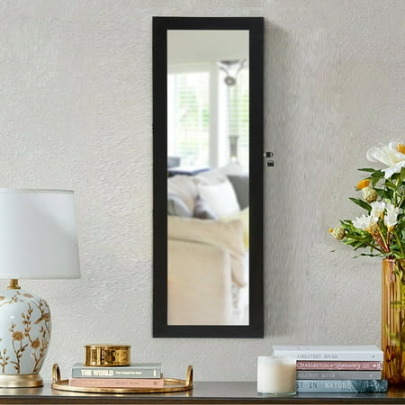 Costway Wall Door Mounted Mirror Jewelry Cabinet Organizer w/LED Lights - Black