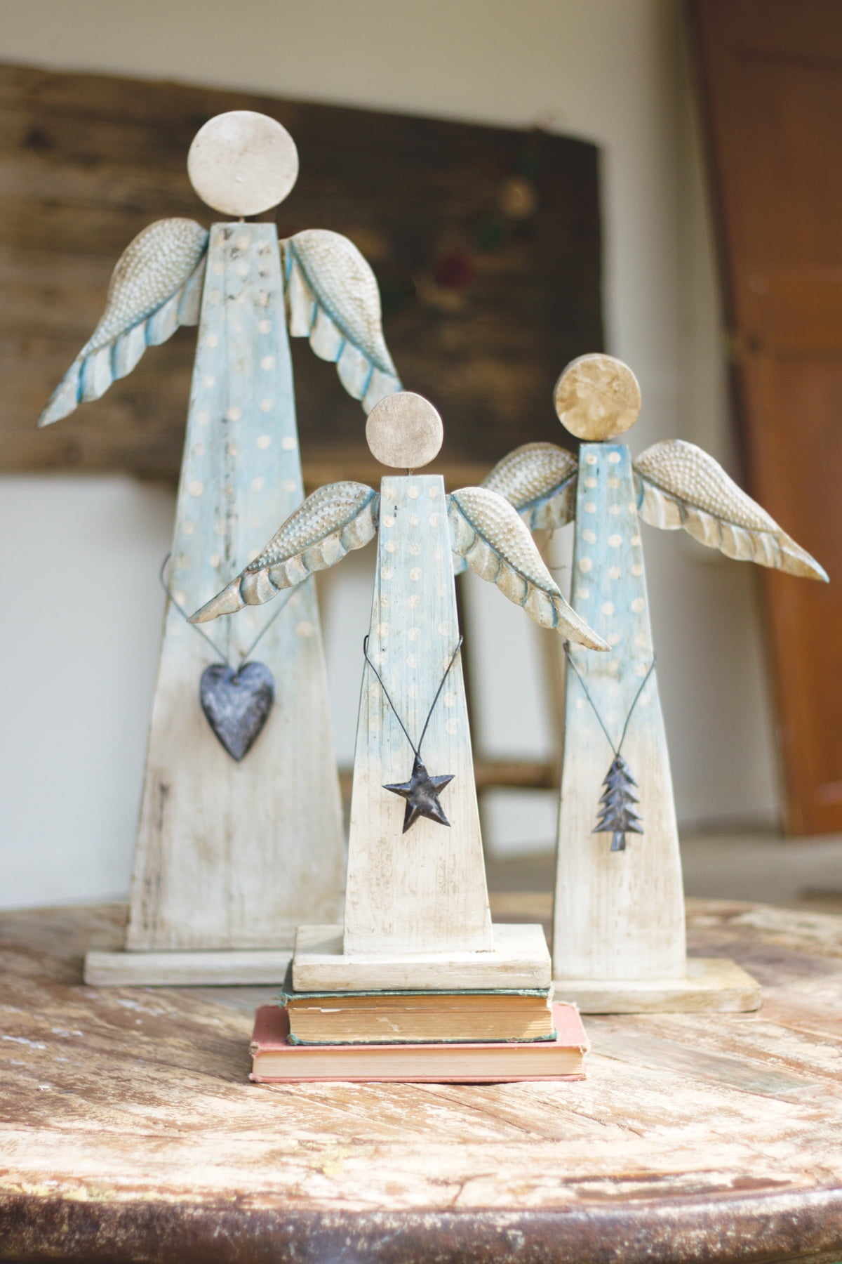 GwG Outlet Set Of Three Painted Recycled Wood Angels On Stand A2212 