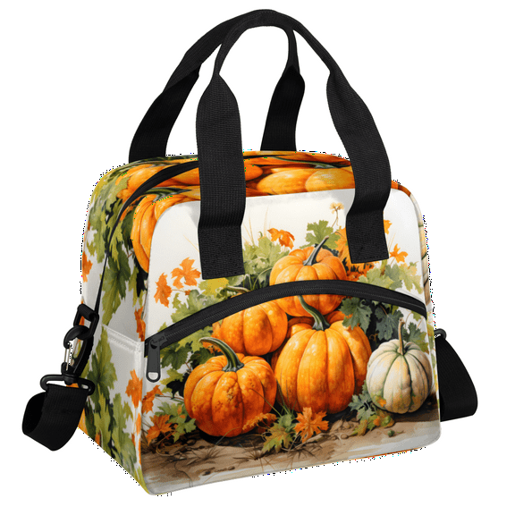 Herdesigns Fall Watercolor Pumpkin Insulated Lunch Bag for Women Men Adults Large Reusable Lunch Box Autumn Leakproof Cooler Tote Bags with Adjustable Shoulder Strap
