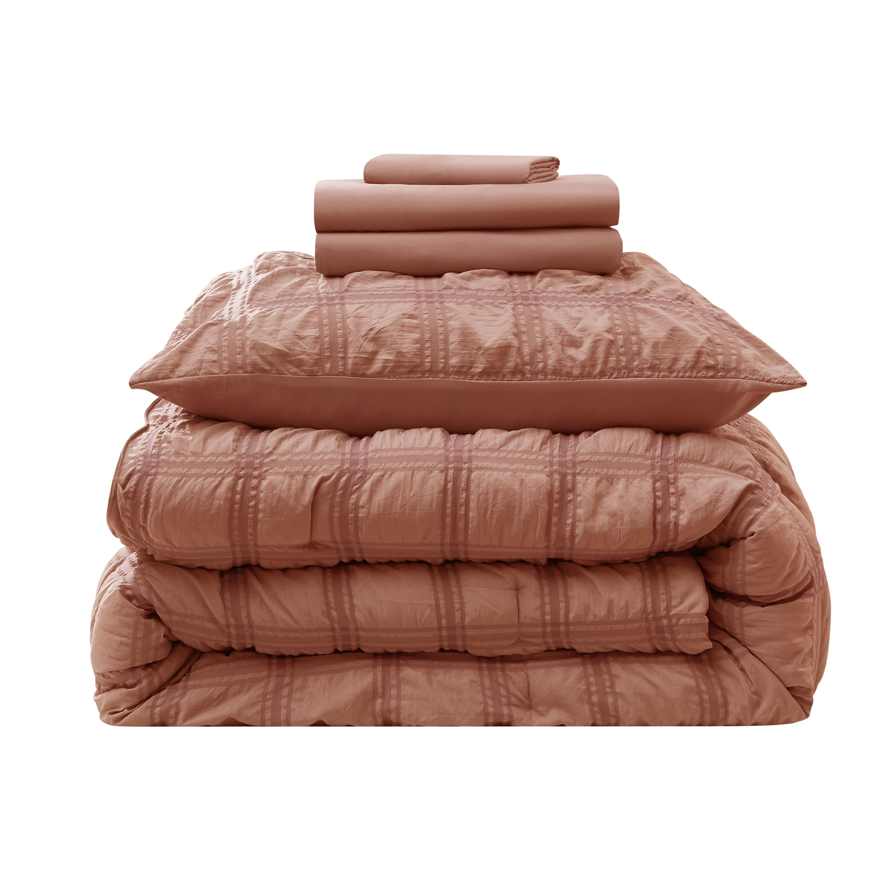 LammaLoe Twin Comforter Sets, 7 Piece Seersucker Bed in a Bag, Bedding Comforter Set with Sheets, Modern Bed Set, Mocha Brown