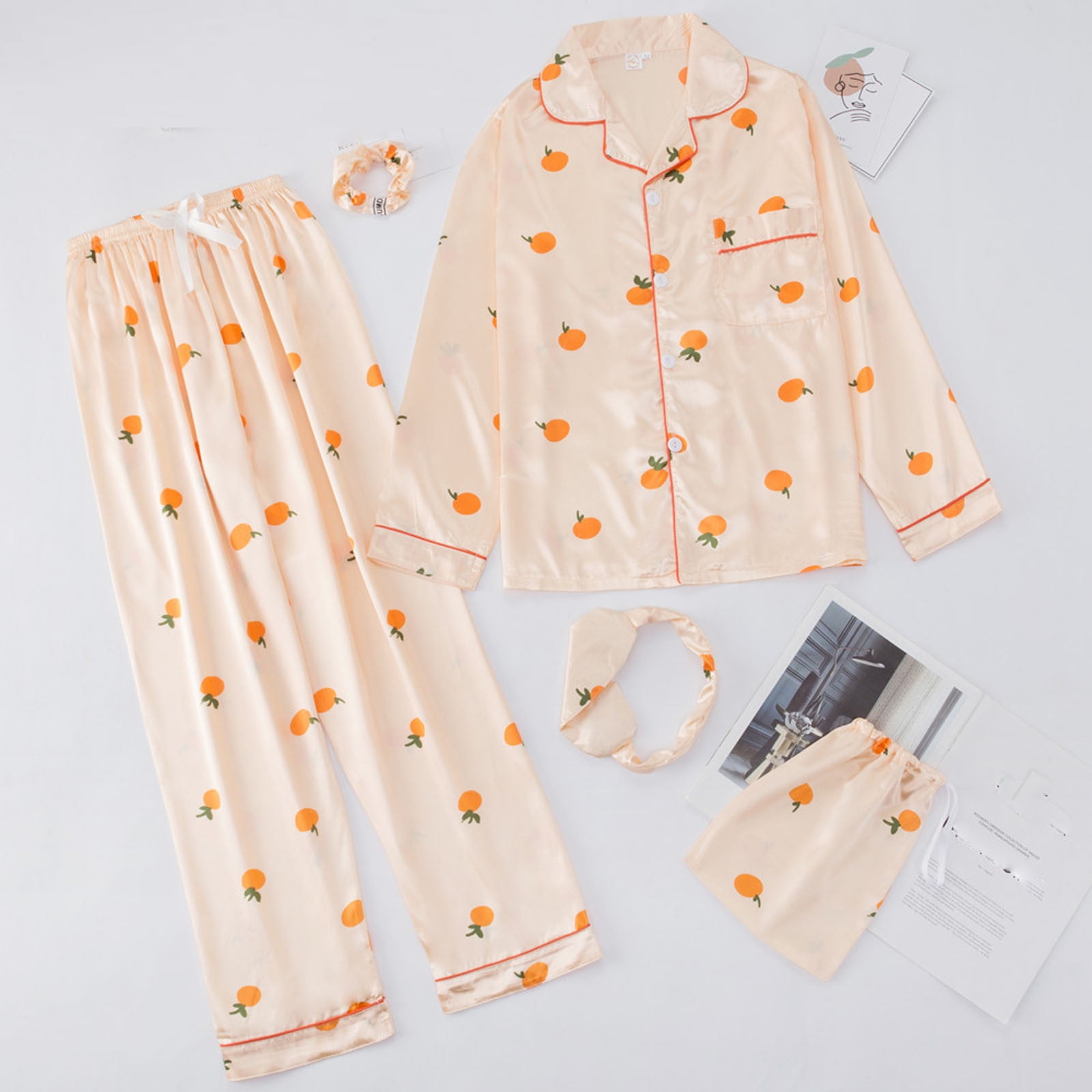 BONIXOOM Womens Christmas Pajamas Christmas Pajamas Sleepwear None Long Sleeve Sleepwear Sets Solid Orange L
