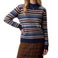 thumbnail image 2 of Women Turtleneck Sweater Long Sleeve Striped Knit Pullover Relaxed Ribbed Cuff Hem Casual Warm Tops for Fall Winter Daily Office Wear Navy One Size, 2 of 4