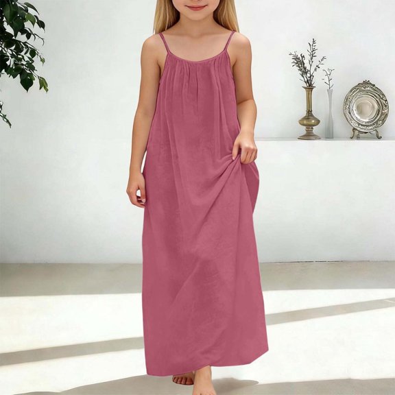 Huowey Toddler Girls Summer Long Dresses Spaghetti Strap Sleeveless Backless Casual Solid Color Loose Fit Home Wear Classic Breathable Cozy Dress Special Occasions,Brick Red,7-8 Years