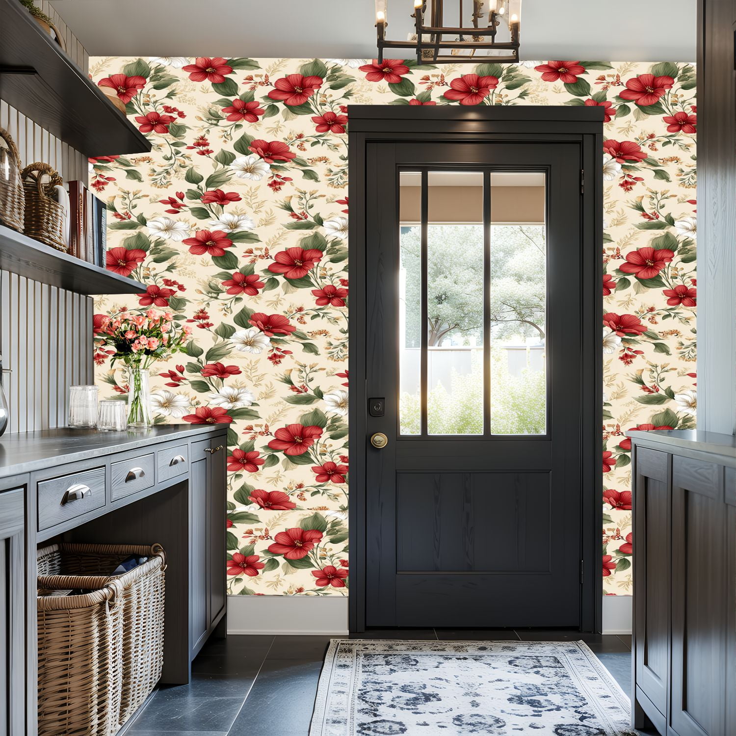 Flower Peel and Stick Wallpaper 17.7in x 9.8ft Elegant Floral Red White Flowers Soft Beige Contact Paper Vinyl Waterproof Self Adhesive Wall Paper for Bedroom Shelf Cabinet Renter Friendly