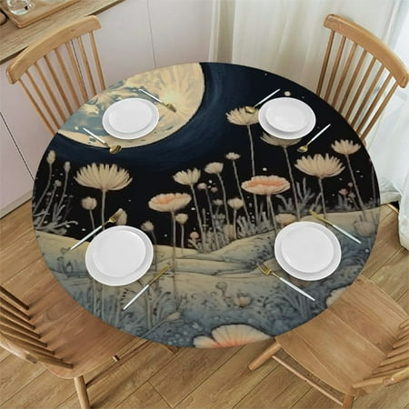 

Autua Moon Flowers Round Table Cover Stain Resistant Washable Indoor Outdoor Tablecloth Kitchen Dining Wedding Parties Waterproof 100% Polyester Fiber 46 -50