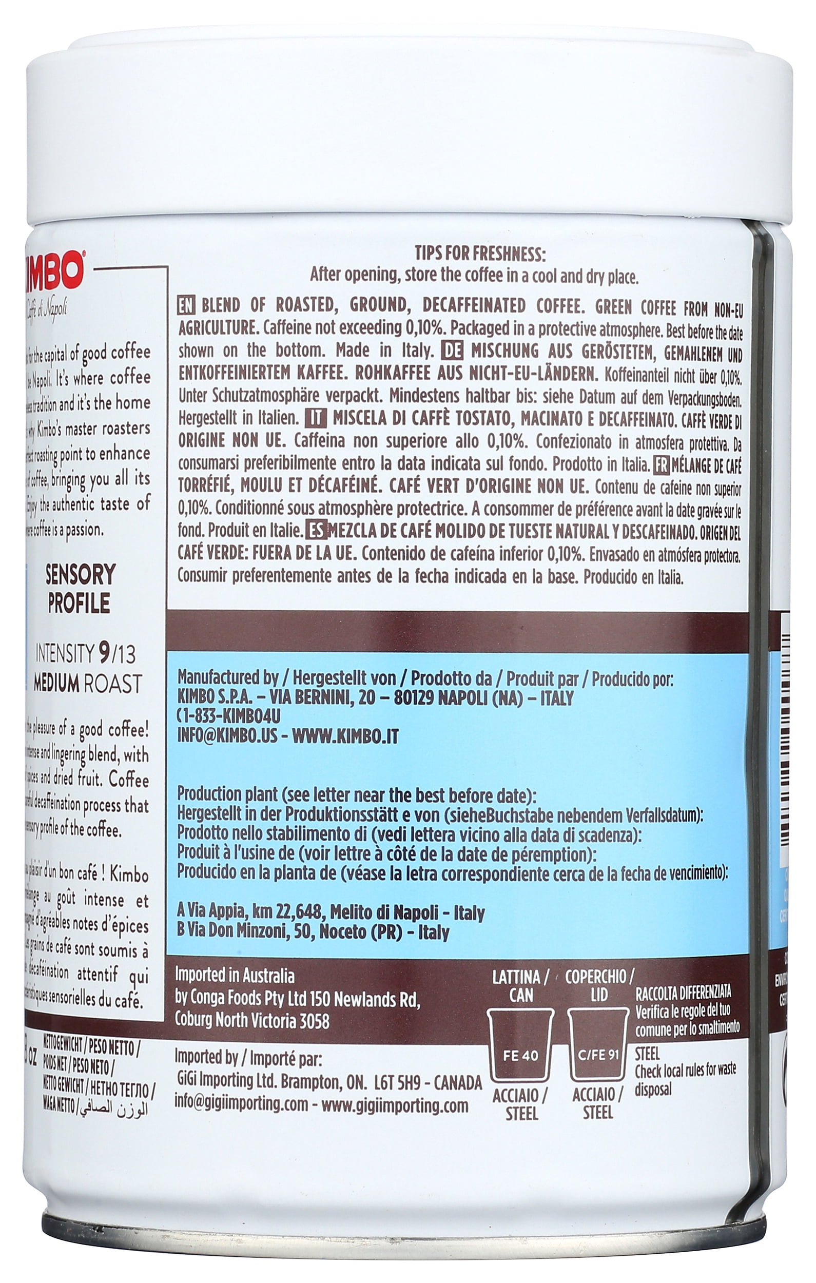 (Pack of 6), Kimbo Decaffeinated Ground Espresso Coffee, 8.8 oz
