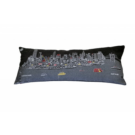 35" Black and White NYC Nighttime Skyline Standard Lumbar Decorative Pillow