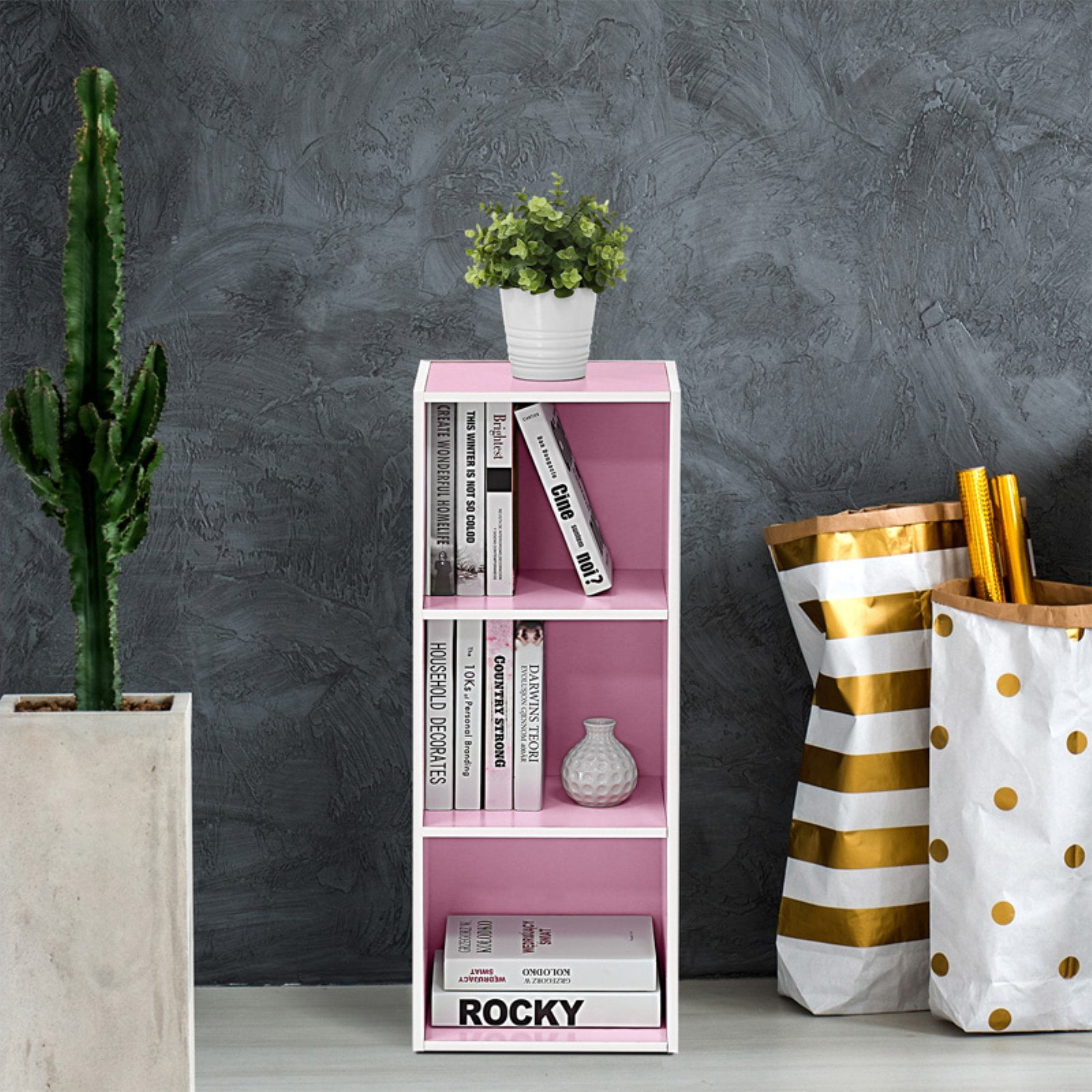 Furinno Luder Engineered Wood 3-Tier Open Shelf Bookcase in White/Pink