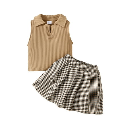 

Qtinghua 2Pcs Toddler Baby Girls Summer Clothes Sleeveless Lapel Vest Tank Top + Pleated A-Lined Skirt Outfits