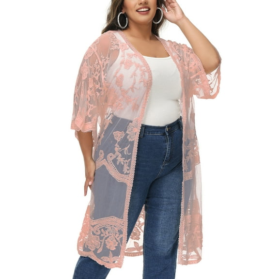 Feinuhan by Feinuhan Women's Lace Cardigan Swimwear Cover-Up (Girl's Plus), Size XL XXL
