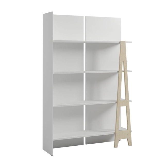 Nexera Atypik white bookcase featuring four spacious shelves and an angled light wood support frame on the right side for modern storage.