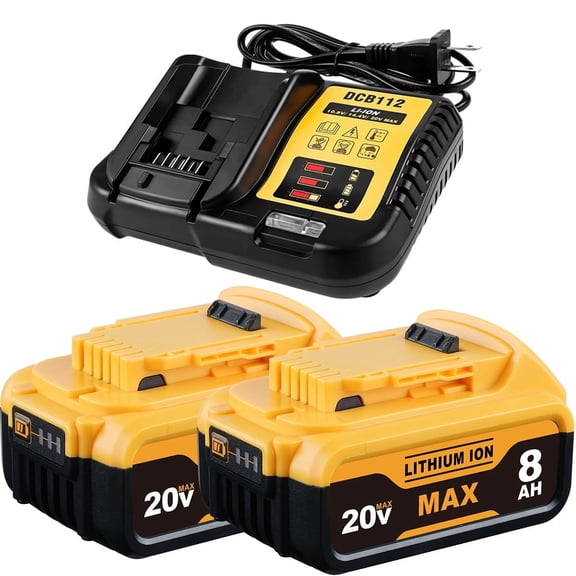 2 Pack 8.0Ah DCB206 Replacement for Dewalt 20V MAX Battery and DCB112 Charger Combo Compatible with 20V Battery Lithium DCB207 DCB204 DCB200 DCB201 DCB203 Series Power Tool
