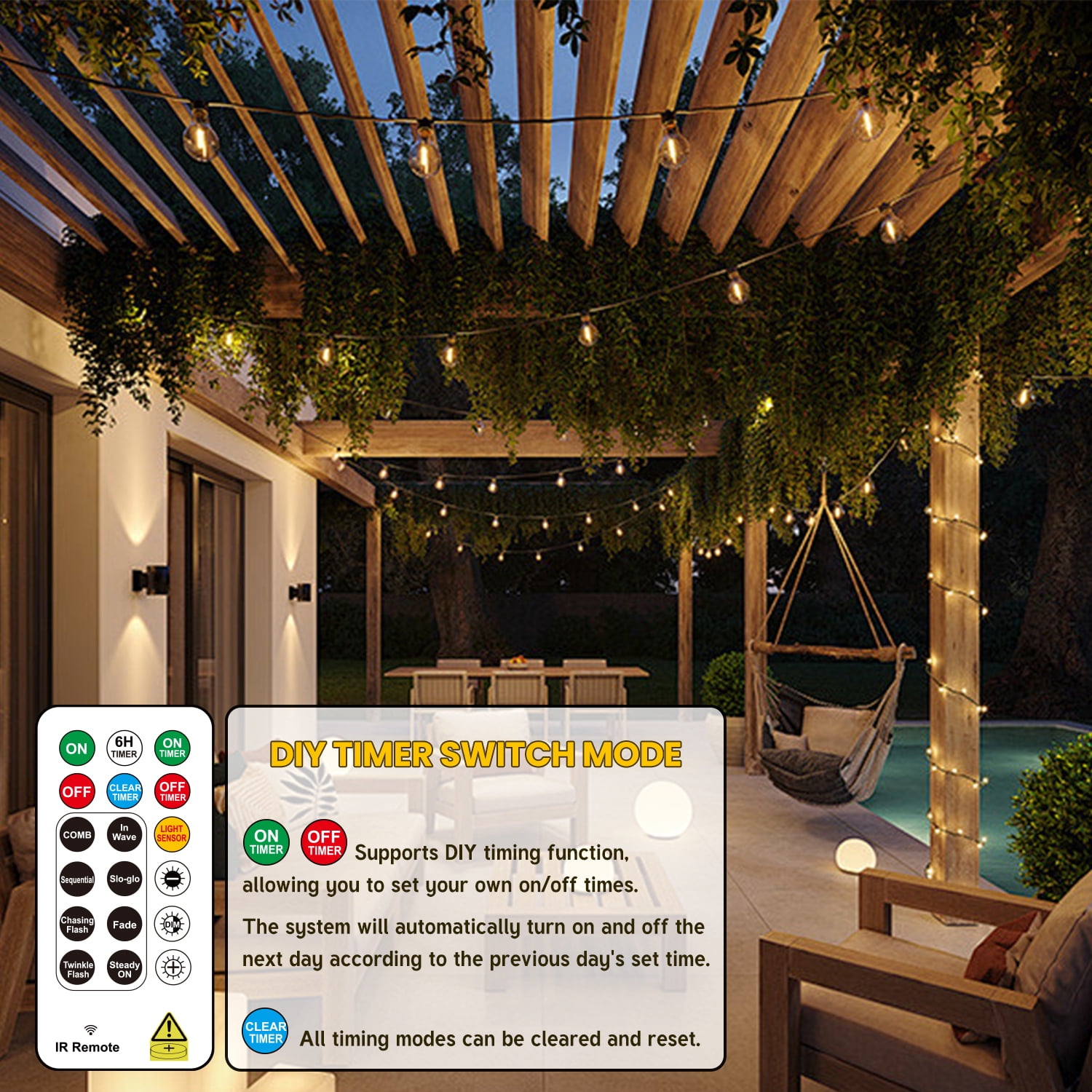 100+10FT LED Outdoor String Lights with Remote, Light Sensor Mode & DIY Timer, 32 Shatterproof ST38 Edison Bulbs, Waterproof & Weatherproof for Patios, Gardens, Energy-Saving, Connectable