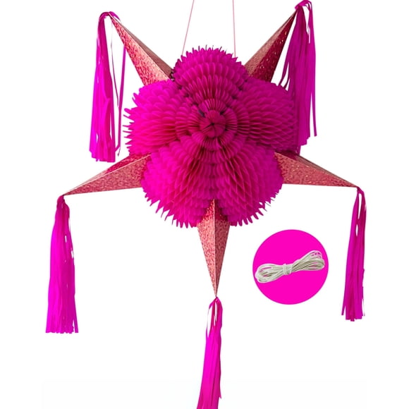 Piñata Étoile Mexicaine (32 Pouces), Piñata Rose Vif avec Cônes Or Rose et Corde de 30 Pieds - Grande Piñata pour Shower de Bébé/nuptiale, Quinceañera, Décoration de Fête Rose Charmant