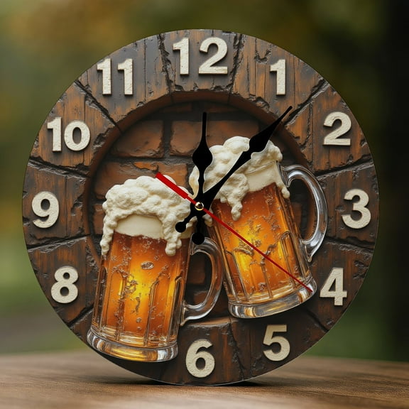 Wall Clock Decorative - Rustic Beer Mugs-A Print 2D Vintage Wall Clocks Battery Operated Silent Non-Ticking for Bedroom, Living Room, Kitchen, Office, Classroom, 10 Inch