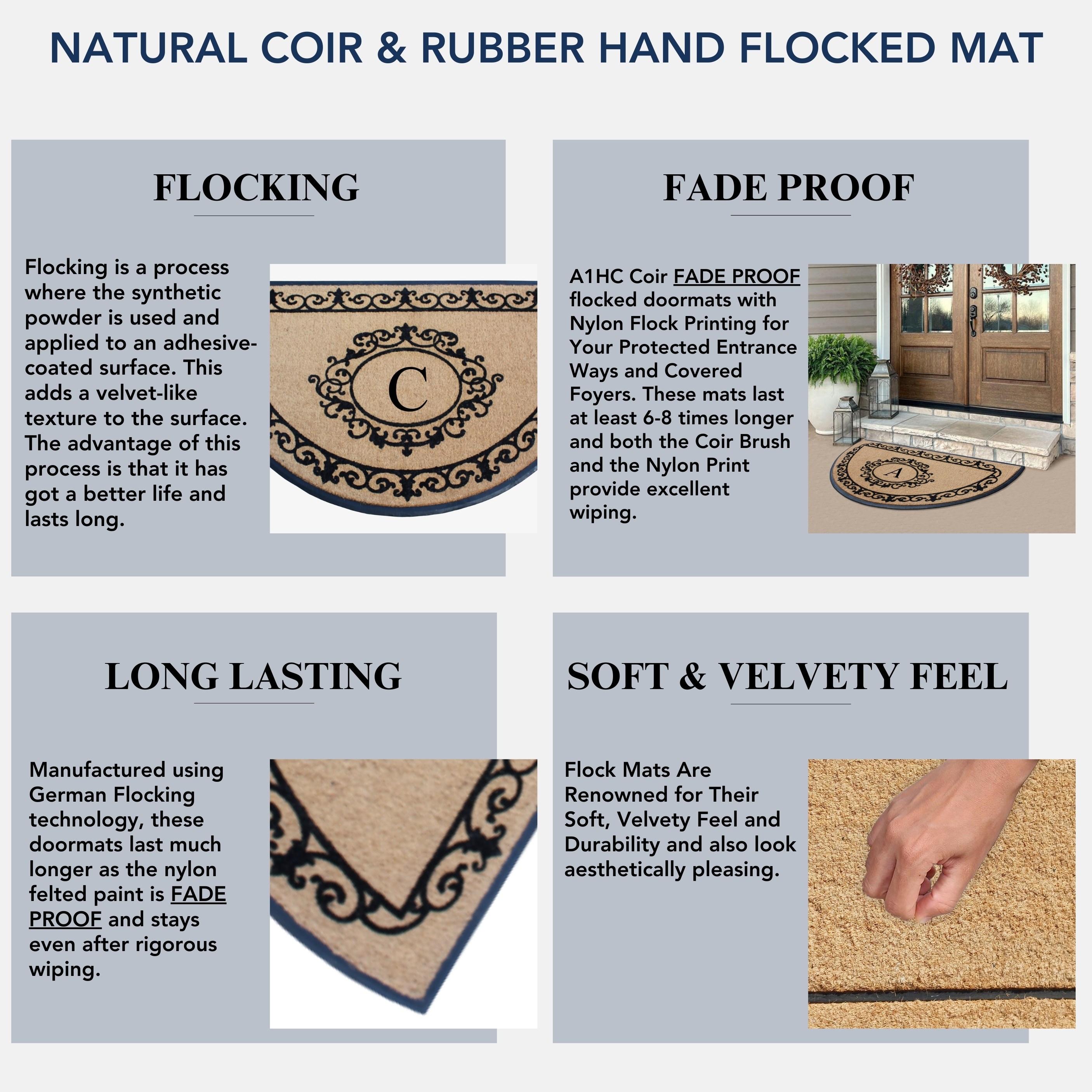 A1HC Heavy-Duty Semi-Circular Coir and Rubber Doormat, 36"x72" Hand-Flocked Monogrammed Front Porch Entrance Rug with Floral Design