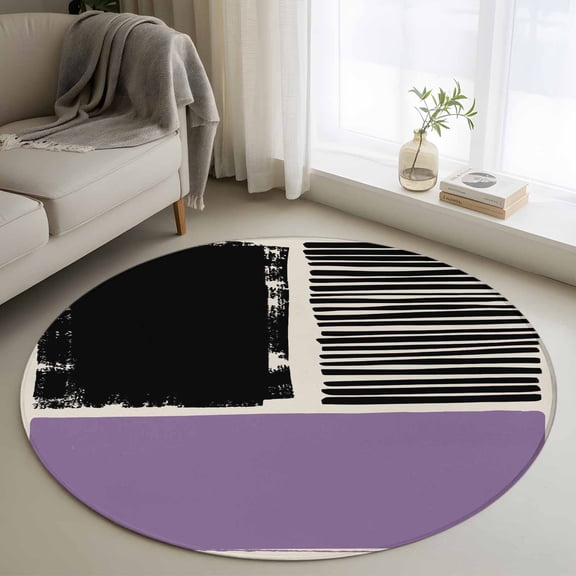 Round Area Rugs Collection 3.3 Ft, Purple Black Non-Slip Residential Carpet, Farmhouse Striped Modern Abstract Art Indoor Crawling Mats Doormat Runner Rugs Play Mat forBedroom