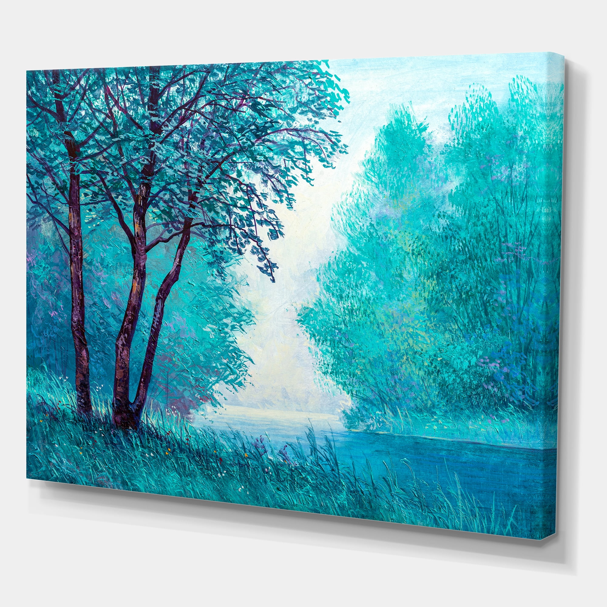 Designart ' Blue Coloured Tree Impression By Riverside ' Lake House Canvas Wall Art Print