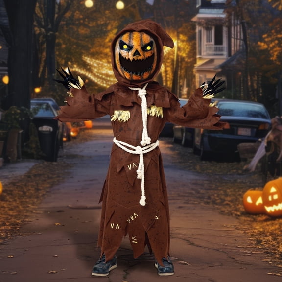 Joyfy Scary Scarecrow Pumpkin Costume for Kids, Pumpkin Costume for Boys, Scarecrow Halloween Costume with Pumpkin Mask for Toddler Halloween Fancy Dress Cosplay 5-10 Years