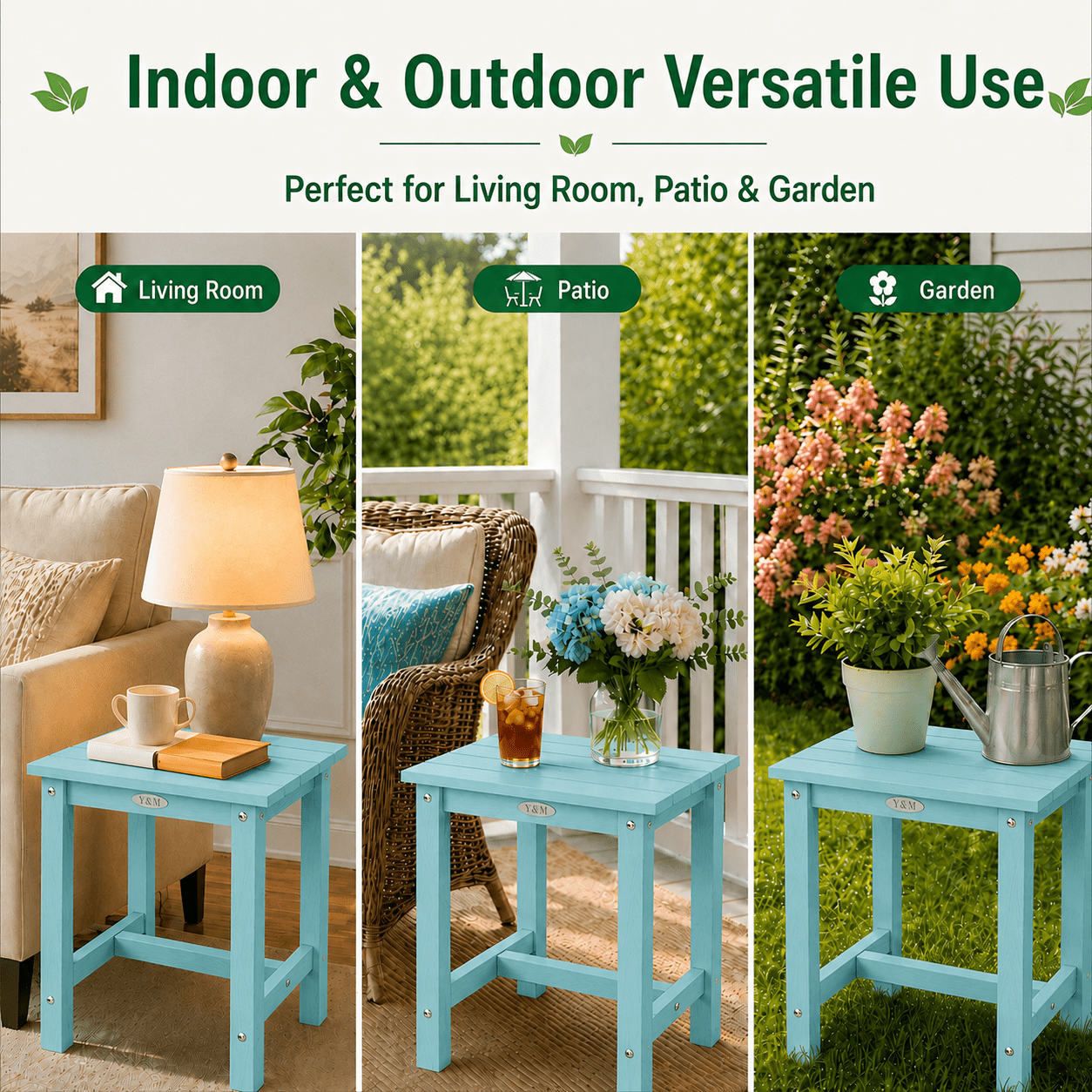 Y&M Outdoor Side Table, HIPS Adirondack Small Single Table, Waterproof Square Outside Table, Balcony Modern End Tables for Patio, Pool, Beach, Porch, Deck, Indoor or Outdoor Use, Light Blue