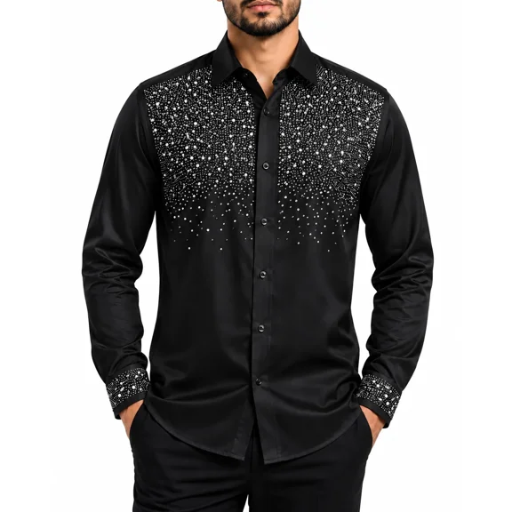 VKwear Men's Rhinestone Slim Fit Stretch Long Sleeve Dress Shirt, Black/Silver, 2XL