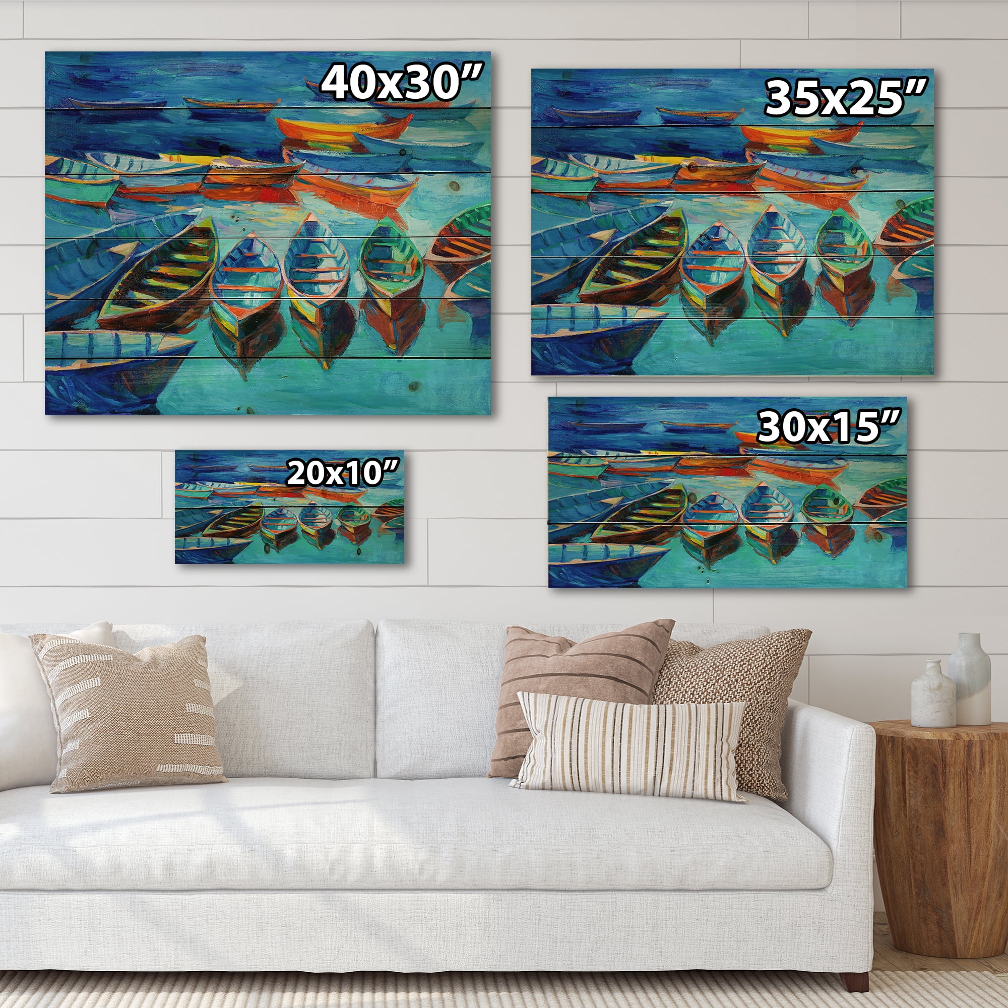 Designart 'Little Boats Wating In The Blue Harbour' Nautical & Coastal Print on Natural Pine Wood