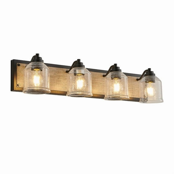 32" Farmhouse Vanity Light, 4-Light Bathroom Wall Sconce with Seeded Glass Shades, Black Wood Grain Finish, Modern Industrial Style (No Bulbs)