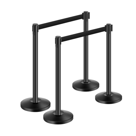 KFFKFF Barrier Post, Set of 4, Equipped with Extendable Straps, Constructed from Carbon Steel in Black, Sand-Injected Hollow Base, Ideal for Crowd Management at Events like Cinema Shows