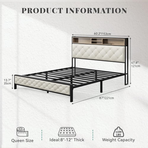 BSHTI Platform Modern Queen Size Platform Bed Frame with Upholstered Headboard and wood slats support for Livingroom
