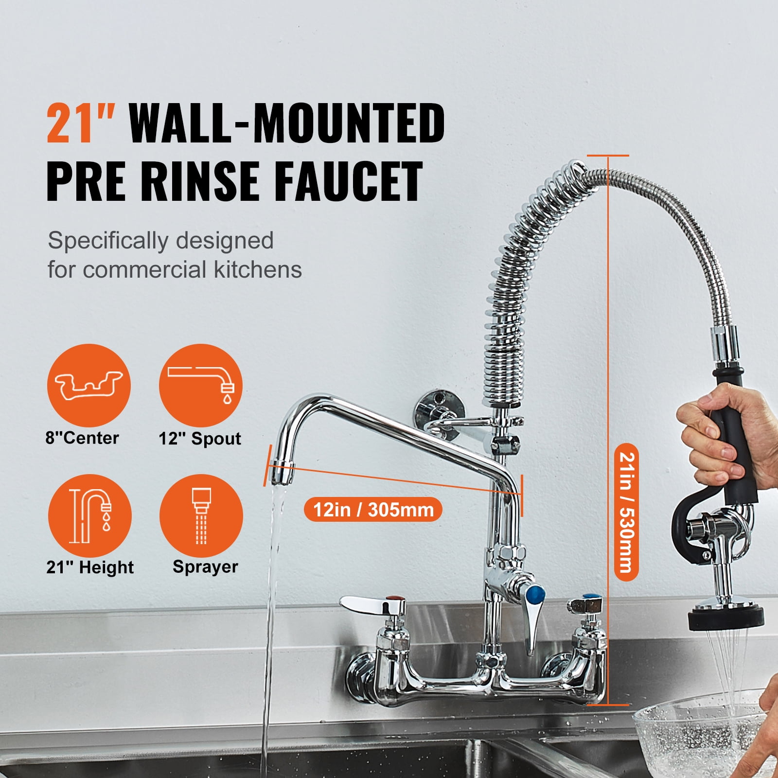 KFFKFF 21" High Commercial Kitchen Wall Mount Sink Faucet Pre-Rinse Sprayer