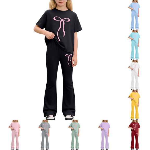 LIIPEE Girls Summer Outfit Sets 2 Piece Casual Bow Print Short Sleeve Tees Flared Pants Kids Cute Comfortable Everyday Outfits,11-12 Years