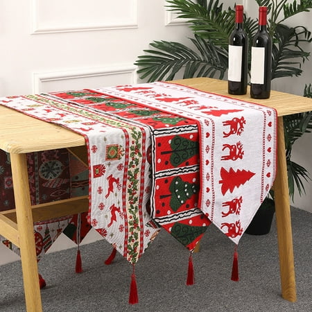 

Christmas Table Runner Seasonal with Tassels Thicker Washable Anti-shrink Scene Layout Knitted Fabric Xmas Themed Print