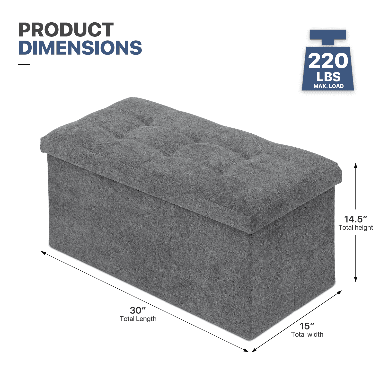 MoNiBloom 30" Folding Storage Ottoman Bench, Cotton-linen Collapsible Footrest Ottoman with Storage, for Living Room Bedroom Entryway, Dark Gray