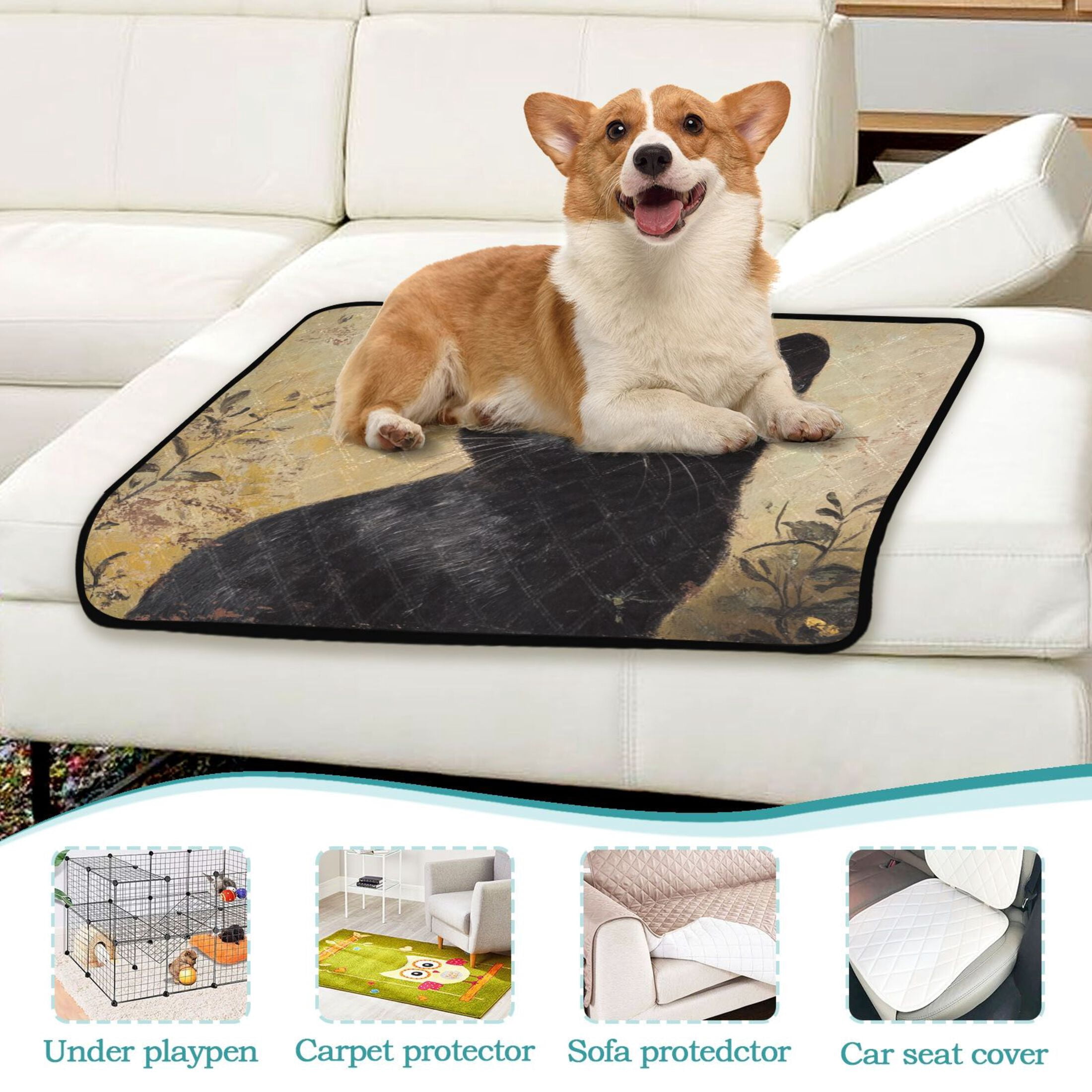 Qxltty Black Cat with Oil Painting Style Cat litter Pads Pet Set of 3 Diaper Mats Center Anti-leakage Layer Absorbent Soft and Comfortable