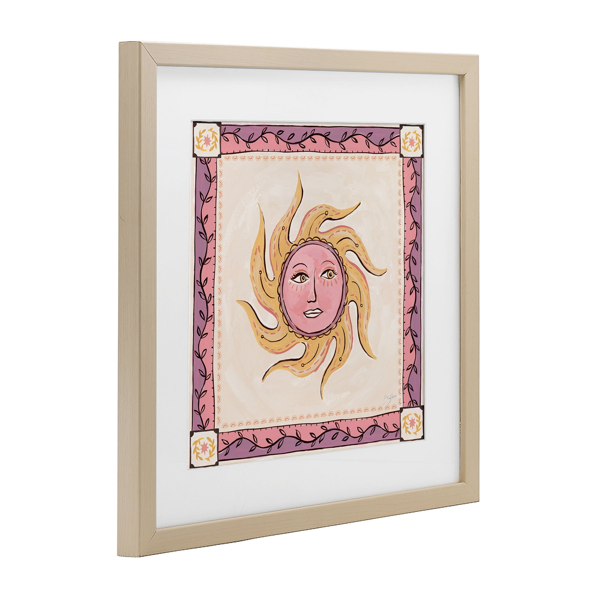 Stupell Industries Pink Sun Face with Leaf Border Birch Framed Print Under Glass, design by Two If By Sea Studios