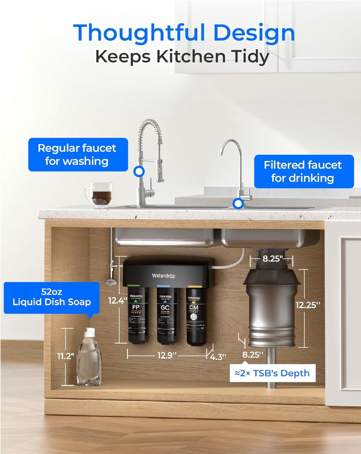 Waterdrop TSB-CM Under Sink Water Filter System, Under Sink Water Filtration System with Brushed Nickel Faucet,NSF/ANSI 42 Certified Element