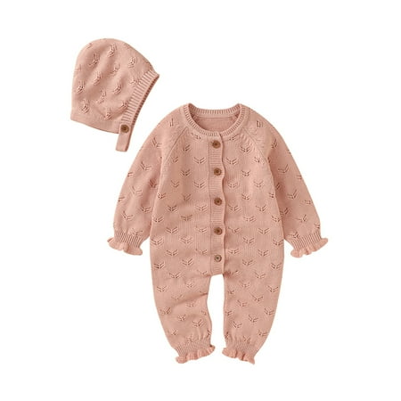 

Qiylii Baby Knitted Romper Solid Color Long Sleeves Buttons Bodysuit+Hat