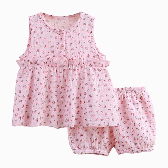 Xudanell Girls Clothes Toddler Baby Girl Summer Outfits All Over Floral Ruffle Sleeveless Tunic Top Shorts Set Party Pink 4-5 Years