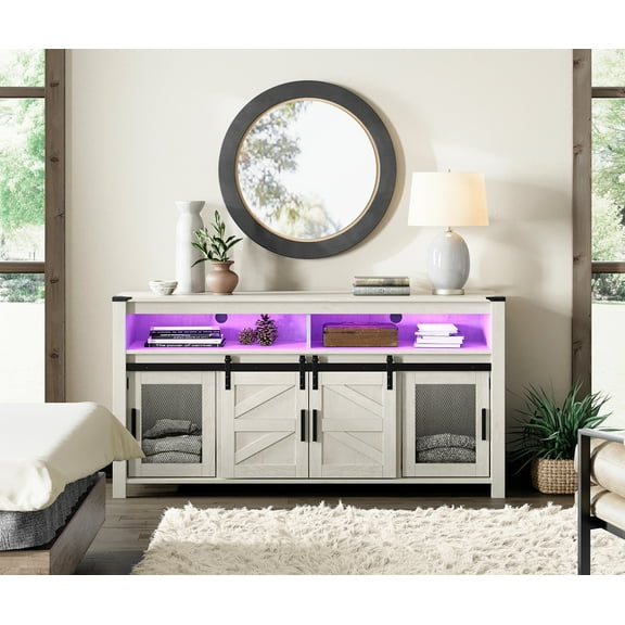 WAMPAT LED White TV Stand for 65 Inches TVs, 31" Tall Highboy Farmhouse Entertainment Center with Rustic Mesh & Sliding Barn Doors, Media Console Table with 16-Color Adjustable Lights for Living Room
