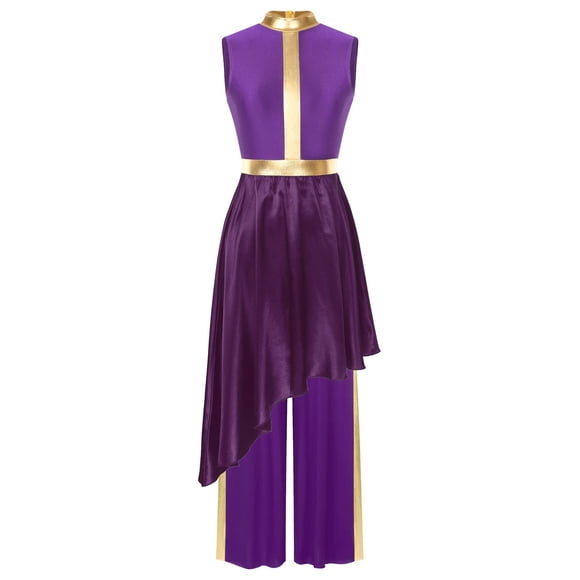 Aislor Women's 2 Pieces Praise Dance Dress with Wide Leg Pants Worship Liturgical Dance Outfits Purple L