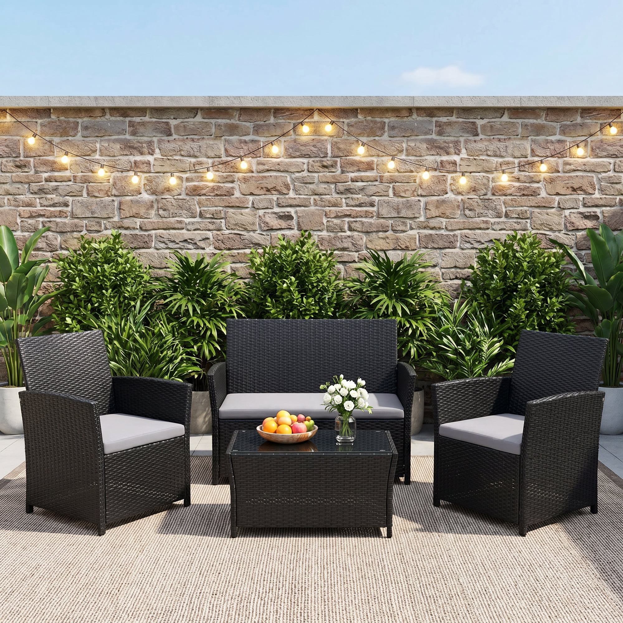 FHFO 4 Piece Patio Furniture Set,Outdoor Wicker Conversation Sets,Rattan Sectional Sofa w/Coffee Table,Seat Cushions for Backyard Porch Garden Poolside - Black Wicker/Gray Cushions
