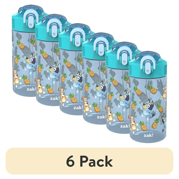 (6 pack) Zak Designs 16oz Bluey Kids Straw Water Bottle, Durable Plastic Park Bottle with Easy-Open Locking Spout Cover for Travel, Built in Carry Handle, BBC