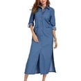 thumbnail image 5 of Frontwalk Ladies Denim Shirt Dress Lapel Jean Dresses Button Down Travel Plain Long Sleeve Light Blue S, 5 of 8