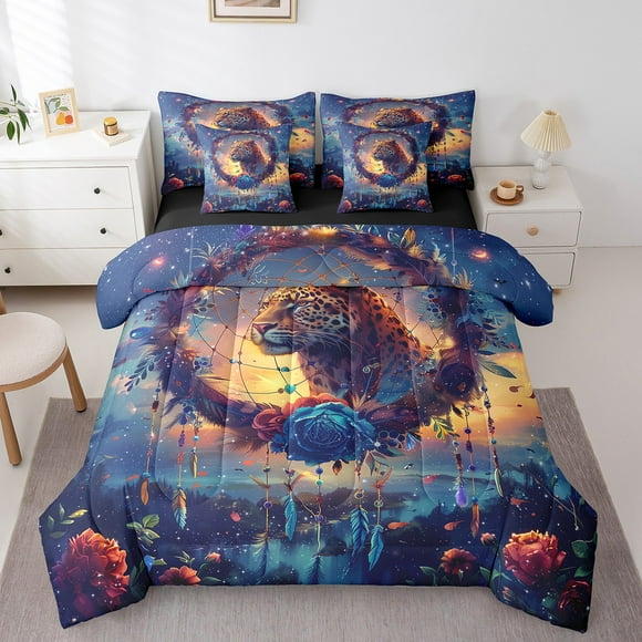 Leopard Bed in a Bag Queen Comforter Set 7 Piece,Dreamcatcher Sheet Set with Comforter,Boho Floral Feather Bedding Sets,Western Animals Bed Set,Exotic Bohemian Decor