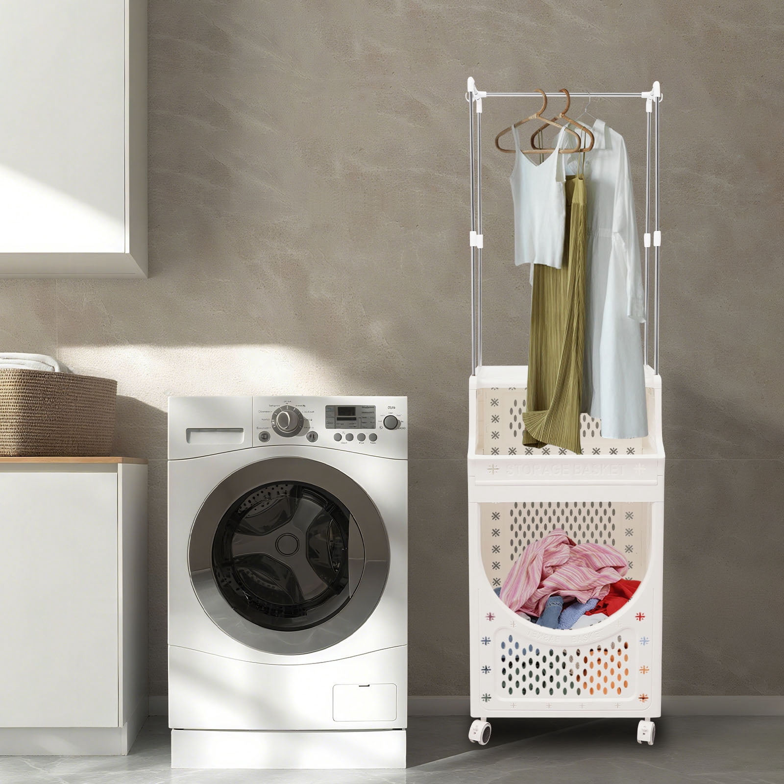 3-Tier Laundry Basket with Wheels Laundry Hamper Cart with Clothes Rack Dirty Clothes Hamper for Bathrooms