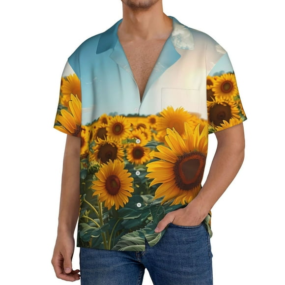 Gaeub Sunlit Sunflower Field Print Men's Lapel Short Sleeve Shirt,Cuban Shirts For Men,Short Sleeve Button Down Men,for Outdoors Party Travel-Medium