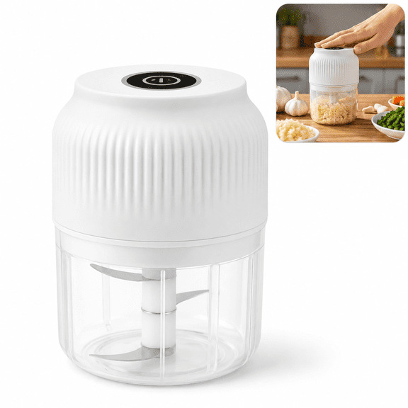 Rechargeable Electric Garlic Chopper with 3-Blade Cutter, USB Mini Food Processor with PP Cup, Portable Garlic Mincer for Garlic, Ginger, Vegetables and Baby Food, White